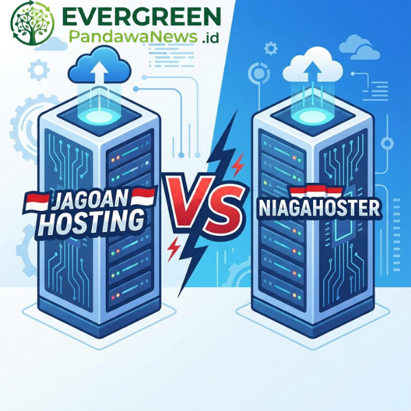 Flat design illustration of two web hosting servers side by side, one labeled "Jagoan Hosting" and the other "Niagahoster", both with Indonesian flag accent colors red and white, VS battle style layout, bold typography, clean modern tech aesthetic, blue and white background, 600x600px, square format, digital marketing blog style